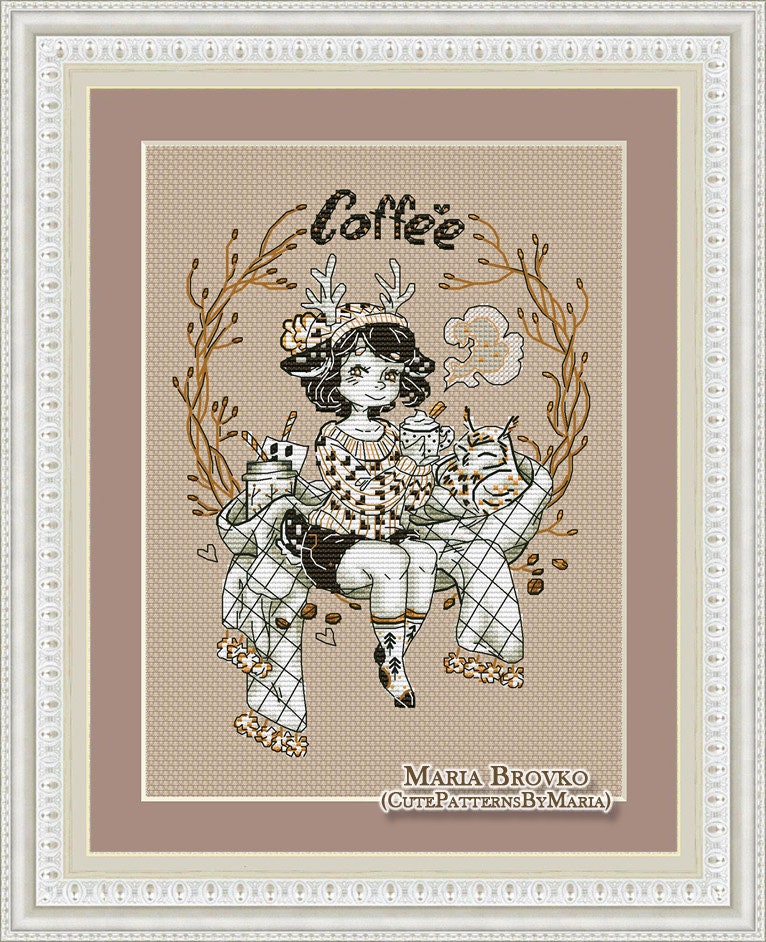 クロスステッチ パターン「コーヒーを飲む少女鹿」DMC チャート
