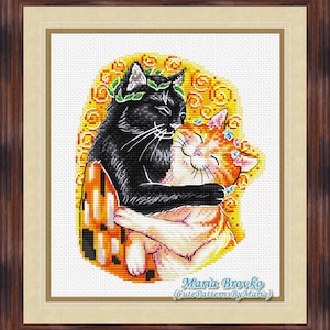 Cross Stitch Pattern Cats Klimt style The Kiss DMC Chart Printable PDF Instant Download