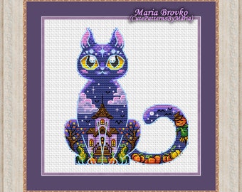 Cross Stitch Pattern Cat spirit of Halloween DMC Chart Printable PDF Instant Download