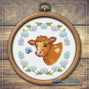 Cross Stitch Pattern Little cow and daisies DMC Chart Printable PDF Instant Download