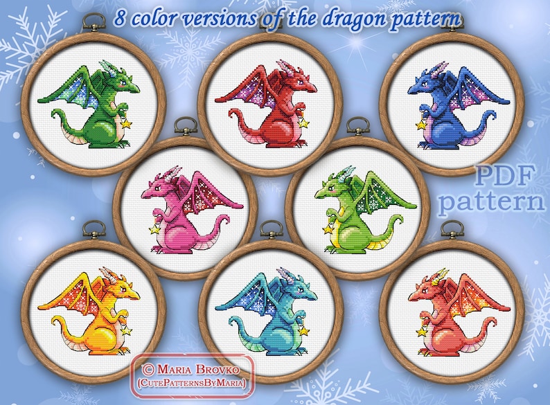 Cross Stitch Pattern 8 color options Dragon with star and snowflakes DMC Chart Printable PDF Instant Download image 1