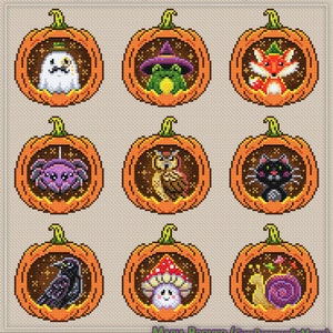 May include: A set of nine cross-stitch patterns titled Surprise pumpkins, featuring orange pumpkins containing a ghost, frog, fox, spider, owl, cat, crow, mushroom, and snail. The text reads Surprise pumpkins. Set of 9 patterns, Maria Brovko, and Skill Level: Easy.