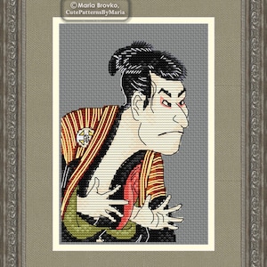 May include: Cross-stitch pattern of a Japanese man in a traditional outfit with a red and yellow striped robe. The man has black hair and a serious expression. The background is a light gray.