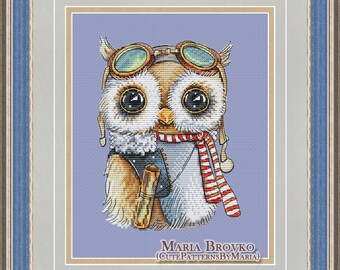 Cross Stitch Pattern &quot;Owl-Aviator&quot; DMC Cross Stitch Chart Needlepoint Pattern Embroidery Chart Printable PDF Instant Download