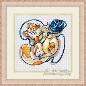 Cross Stitch Pattern Cat with a ball of blue yarn DMC Chart Printable PDF Instant Download