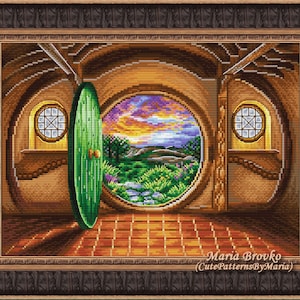 May include: A cross-stitch pattern of a hobbit hole interior with a round window looking out onto a green landscape. The door is open and the window is framed by wooden beams. The text "Maria Brovko (CutePatternsByMaria)" is at the bottom of the image.