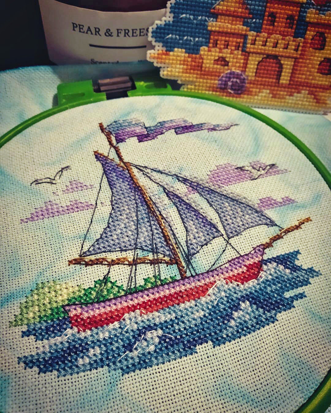 帆船のミニチュアクロスステッチパターンDMCチャート夏の刺繍印刷可能
