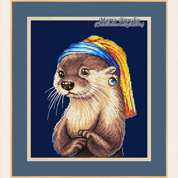 Cross Stitch Pattern Otter with a pearl earring DMC Chart Printable PDF Instant Download