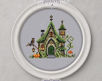 Cross Stitch Pattern Blue Witch House DMC Chart Printable PDF Instant Download