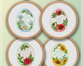 Cross Stitch Pattern Easter sampler Four flower eggs - Chamomile, Poppy, Rose, Sunflower - DMC Chart Printable PDF Instant Download