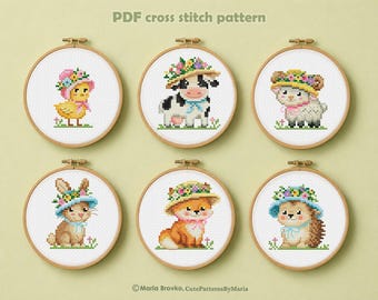 Cross Stitch Pattern 6 little animals in hats DMC Chart Printable PDF Instant Download
