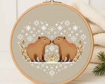 Cross Stitch PDF Pattern Cute capybaras in a snow heart DMC Chart Christmas Printable Instant Download
