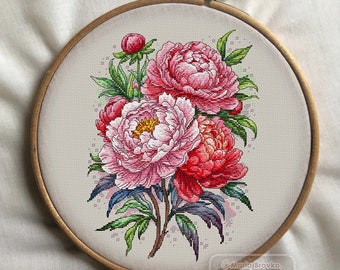 Cross Stitch Pattern Peonies DMC Chart Printable PDF Instant Download