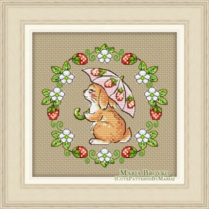 Cross Stitch Pattern Bunny with a strawberry umbrella DMC Chart Printable PDF Instant Download