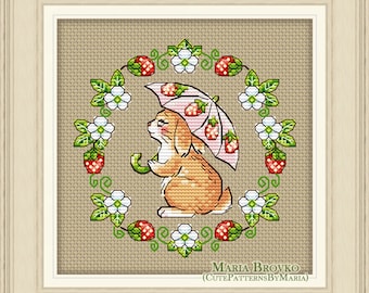 Cross Stitch Pattern Bunny with a strawberry umbrella DMC Chart Printable PDF Instant Download