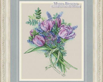 Cross Stitch Pattern "Bouquet with muscari and tulips" DMC Chart Needlepoint Embroidery Printable PDF Instant Download