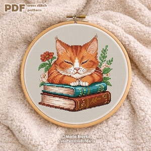 Patrón de punto de cruz Gato rojo durmiendo sobre un libro Gráfico DMC PDF imprimible Descarga instantánea