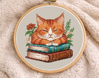 Cross Stitch Pattern Red cat sleeping on a book DMC Chart Printable PDF Instant Download
