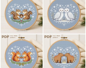 Cross Stitch PDF Patterns - 4 snow hearts with animals Snowy Owls, Capybaras, Squirrels, Chipmunks DMC Chart Printable PDF Instant Download