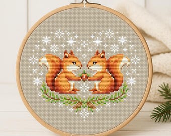 Cross Stitch PDF Pattern Cute squirrels in a snow heart DMC Chart Christmas Printable Instant Download