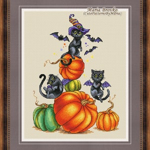 Halloween cross stitch pattern Cat witchcraft DMC Chart Printable PDF Instant Download