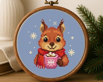 Cross Stitch PDF Pattern Squirrel with a mug DMC Chart Christmas Printable Instant Download