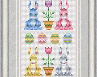 Cross Stitch Pattern "Easter bunny sampler" DMC Chart Needlepoint Embroidery Printable PDF Instant Download