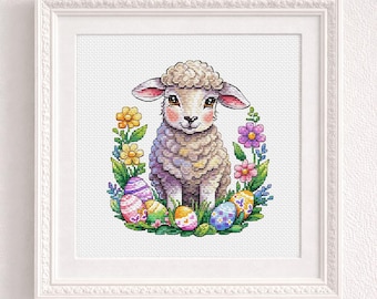 Cross Stitch Pattern Cute Easter sheep DMC Chart Embroidery Printable PDF Instant Download