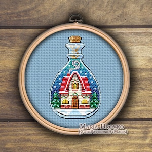 Kreuzstich Muster Mini Flasche mit Haus im Winter DMC Chart Printable PDF Instant Download