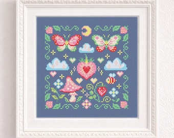 Cross Stitch Pattern Strawberry Little World Sampler DMC Chart Printable PDF Instant Download