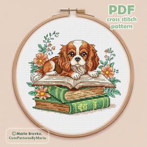 Cross Stitch Pattern Puppy and books Cavalier King Charles Spaniel DMC Chart Printable PDF Instant Download