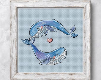 Motif de point de croix Baleines amoureuses Grille DMC broderie PDF imprimable téléchargement immédiat