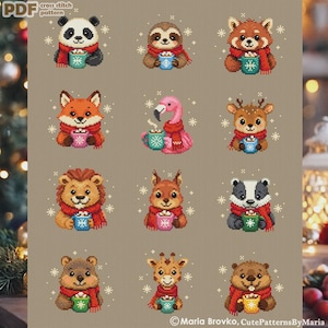 Cross Stitch PDF Patterns 12 winter animals with mugs DMC Christmas Chart Printable PDF Instant Download