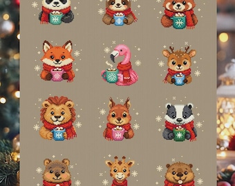 Cross Stitch PDF Patterns 12 winter animals with mugs DMC Christmas Chart Printable PDF Instant Download
