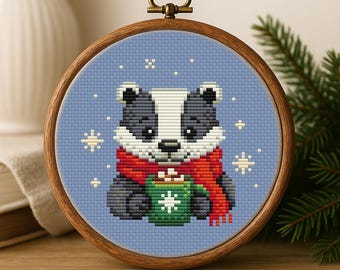 Cross Stitch PDF Pattern Badger with a mug DMC Chart Christmas Printable Instant Download