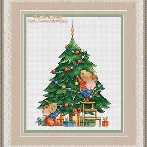VTG Cross Stitch Christmas Trees Mouse Ornaments 3.25” Set of 4
