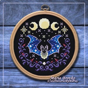Halloween cross stitch pattern Moon and Bat DMC Chart Printable PDF Instant Download