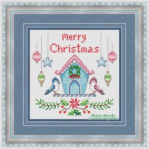 Modèle de point de croix maison d'oiseau de Noël grille DMC broderie PDF imprimable téléchargement immédiat