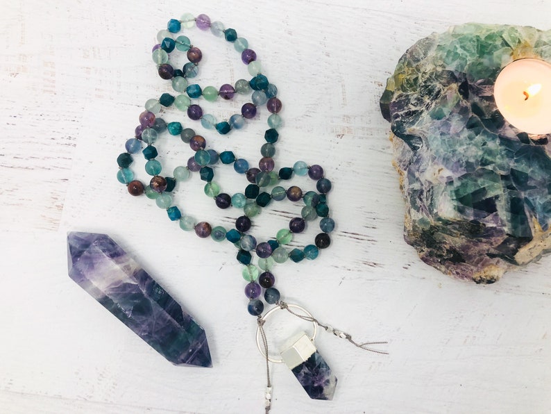 RAINBOW FLUORITE Mala Necklace \u2022 SUPER Seven Mala \u2022 Apatite Mala \u2022 Beaded Necklace \u2022 Mala Beads \u2022 Metaphysical Jewelry \u2022 Yoga Jewelry