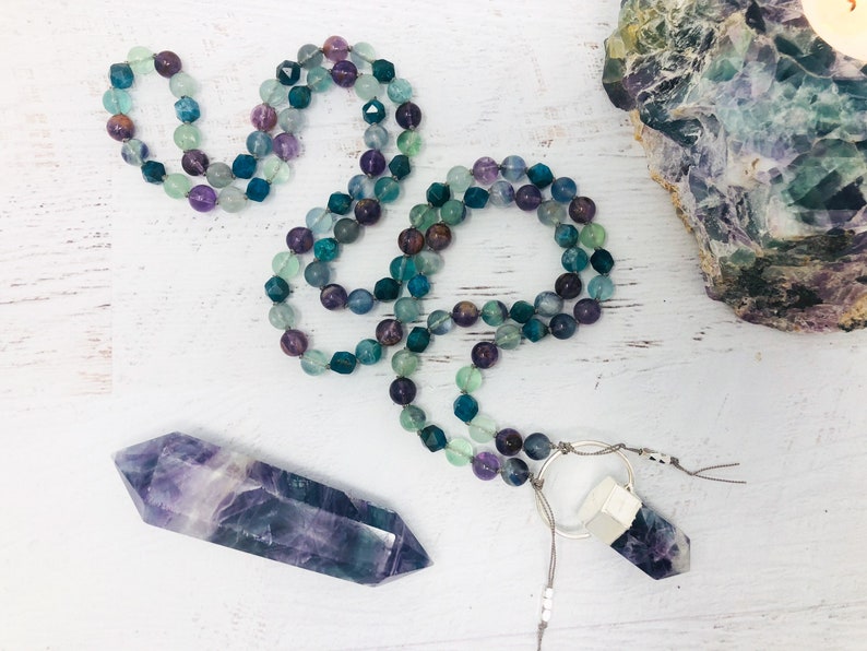 RAINBOW FLUORITE Mala Necklace \u2022 SUPER Seven Mala \u2022 Apatite Mala \u2022 Beaded Necklace \u2022 Mala Beads \u2022 Metaphysical Jewelry \u2022 Yoga Jewelry