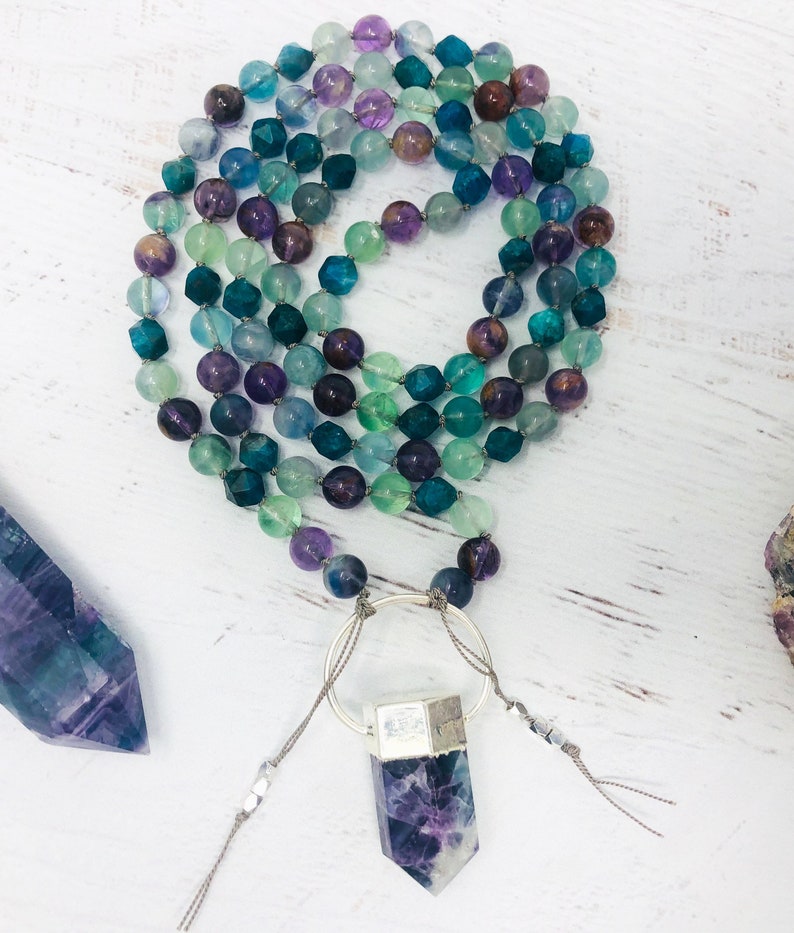 RAINBOW FLUORITE Mala Necklace \u2022 SUPER Seven Mala \u2022 Apatite Mala \u2022 Beaded Necklace \u2022 Mala Beads \u2022 Metaphysical Jewelry \u2022 Yoga Jewelry