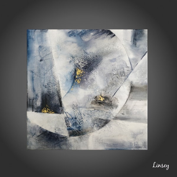 Tableau abstrait Moonlight, peinture bleu et or, peinture acrylique et feuille d'or sur fond texturé, Linsey artiste peintre