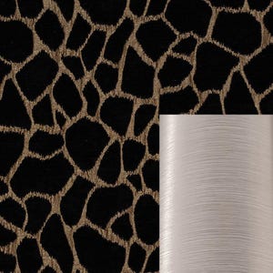 May include: Black fabric with a gold animal print pattern. A close-up of the fabric shows the texture of the material.