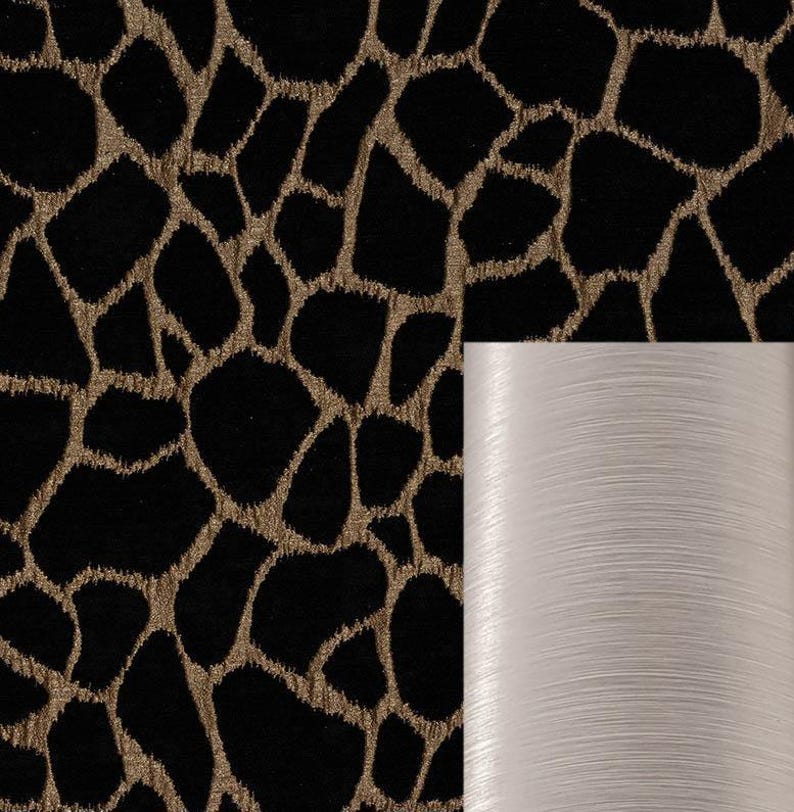 May include: Black fabric with a gold animal print pattern. A close-up of the fabric shows the texture of the material.