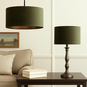 Moss Green Velvet Drum Lampshade - Table/ Floor Lamp, Wall/ Ceiling Shades, Choice of Metallic Lining - Matt Green Velvet Light Shade