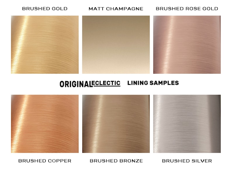 K&ouml;nnte beinhalten: Sechs verschiedene Farbmuster von geb&uuml;rsteten Metalloberfl&auml;chen. Die Farben sind geb&uuml;rstetes Gold, mattes Champagner, geb&uuml;rstetes Ros&eacute;gold, geb&uuml;rstetes Kupfer, geb&uuml;rstetes Bronze und geb&uuml;rstetes Silber.