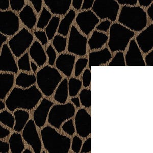 May include: Black fabric with a gold animal print pattern. The print resembles a giraffe pattern.