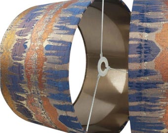 Blue Aztec Bronze Metallic Fabric Lampshade - Burnt Orange Inca Drum Shade - *Six Brushed Linings* Copper, Champagne, Rose Gold, Silver