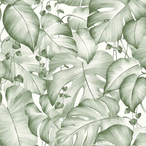 May include: A seamless pattern featuring a variety of green leaves, including monstera and other tropical foliage. The leaves are drawn in a detailed, pencil-like style, creating a realistic and organic look.