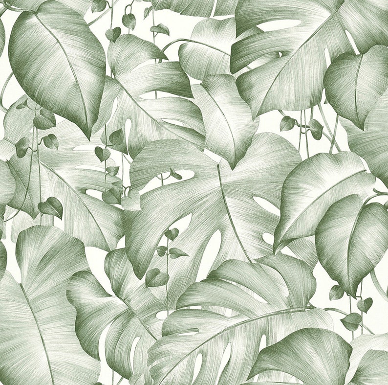 May include: A seamless pattern featuring a variety of green leaves, including monstera and other tropical foliage. The leaves are drawn in a detailed, pencil-like style, creating a realistic and organic look.